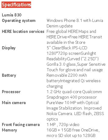 Lumia 830 Specifications