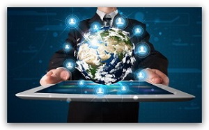 Businessman presenting 3d earth globe in tablet